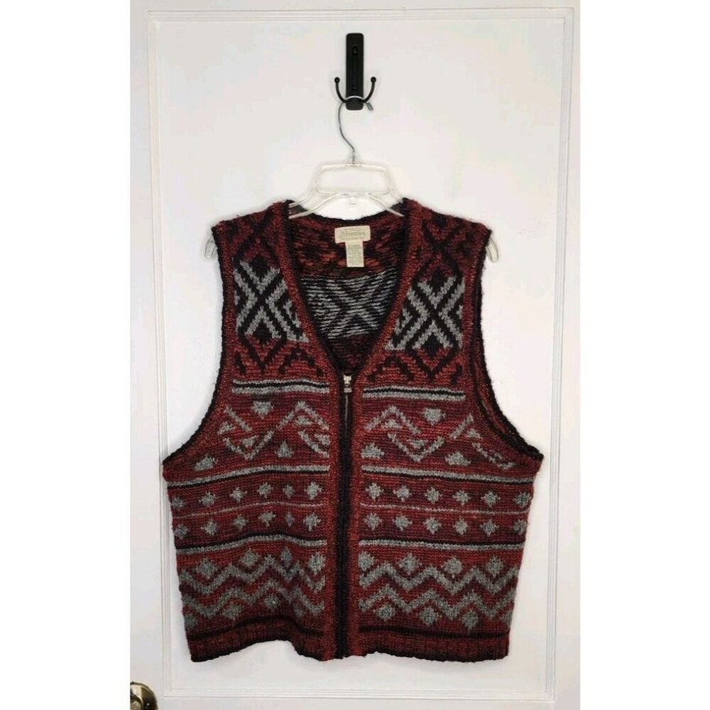 St Johns Bay Mens XL Red Sweater Vest Full Zip Fair Isle Maroon Gray Knit